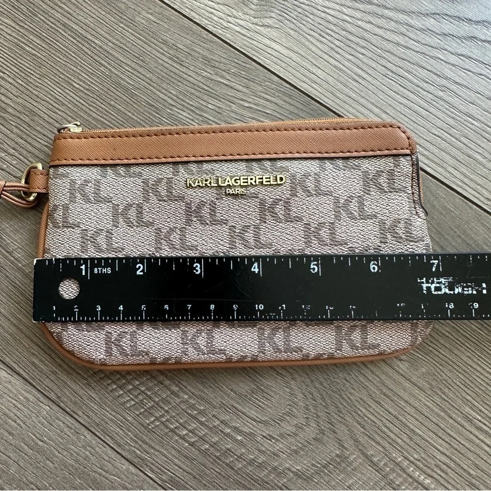 KARL LANGERFELD Paris Logo Wristlet Zip Wallet Tan and Brown